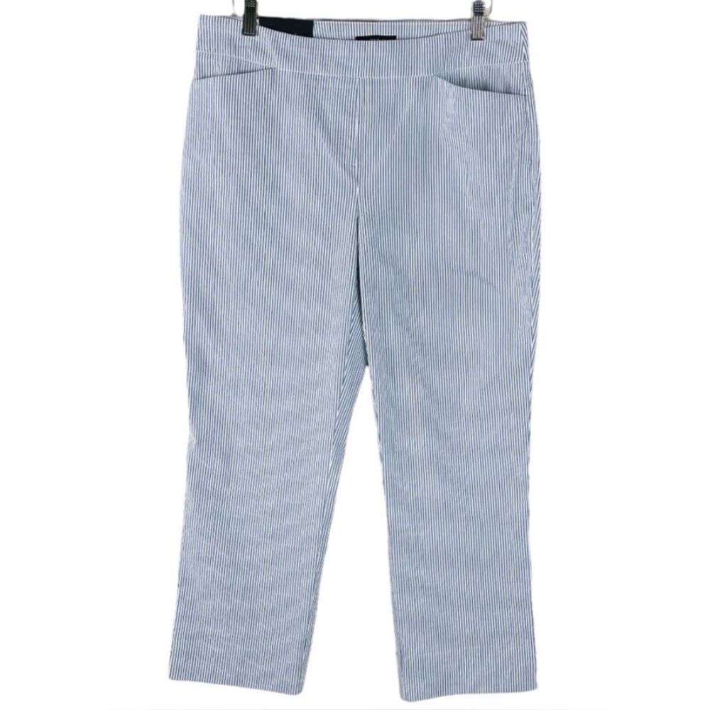 Hilary Radley blue white stripe nautical seersucker stretchy slimming crop pants